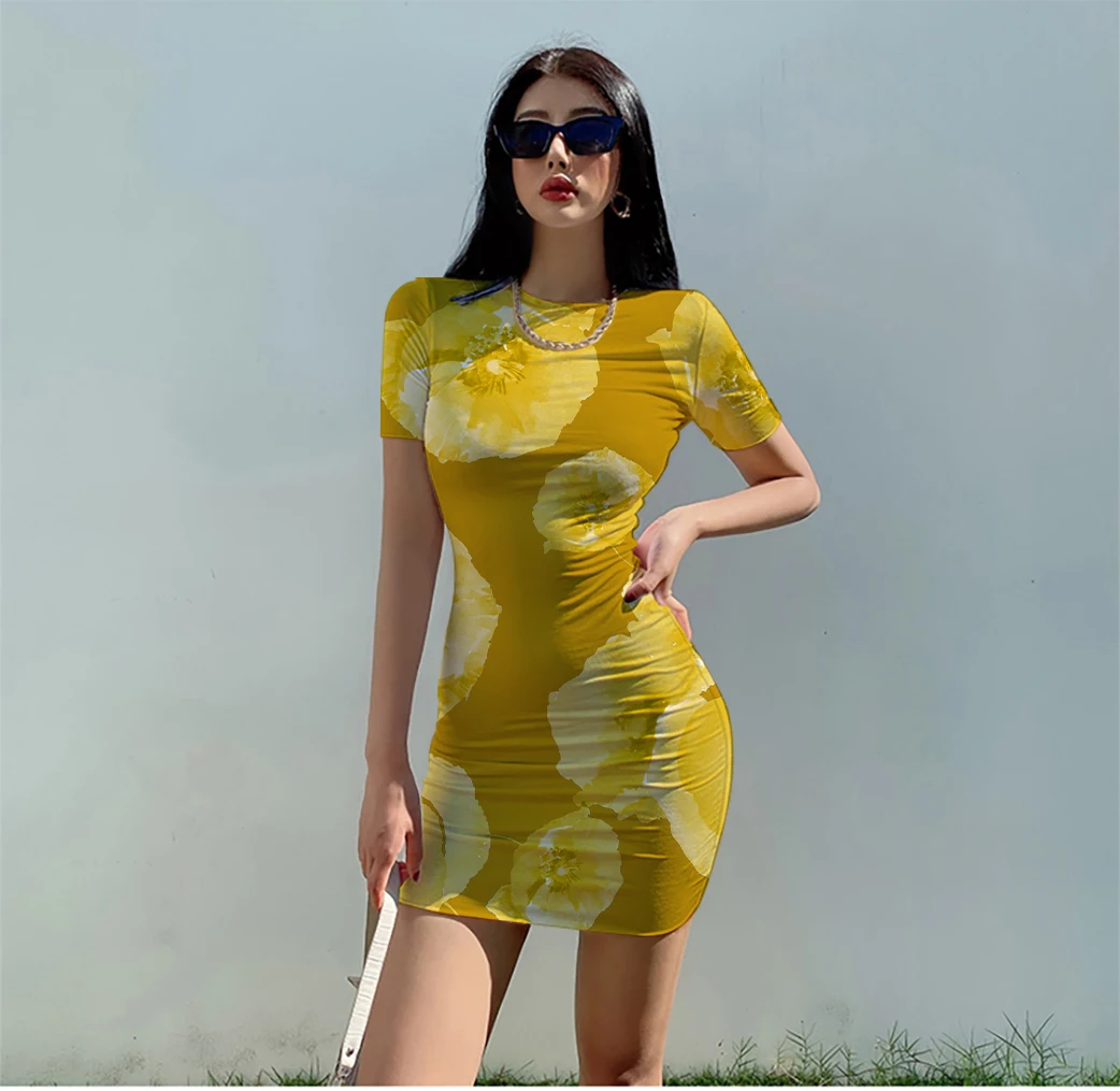 

New women's Bright 3D Printing Tight Dress Exquisite Fashion Mini Dress 2022 New Pencil Case Flowers Cute Style