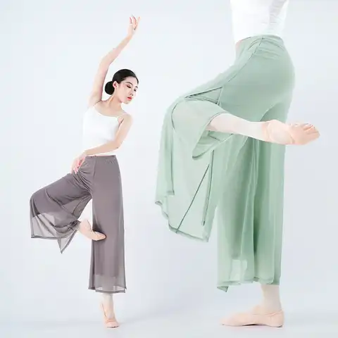 Женские Классические танцевальные брюки, китайские народные тренировочные штаны для танцев, элегантные двухслойные сетчатые брюки с разре...