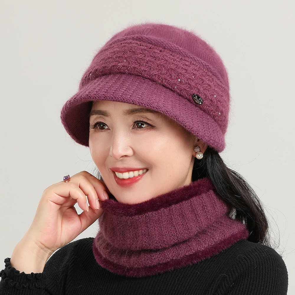 

New Winter Hat Keep Warm Cap Add Fur Lined Beanies Knitted Hat Scarf Set Fashion Hat For Women Casual Rabbit Fur Bucket Hat