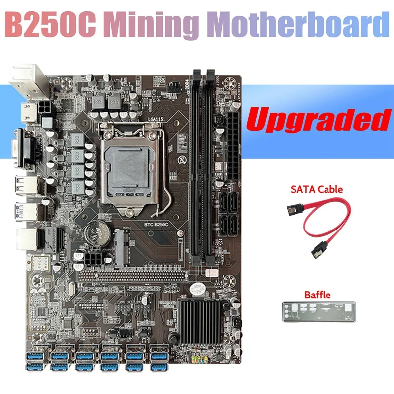 

B250C ETH Miner Motherboard+Baffle+SATA Cable 12 PCIE To USB3.0 Graphics Card Slot LGA1151 DDR4 For BTC Mining
