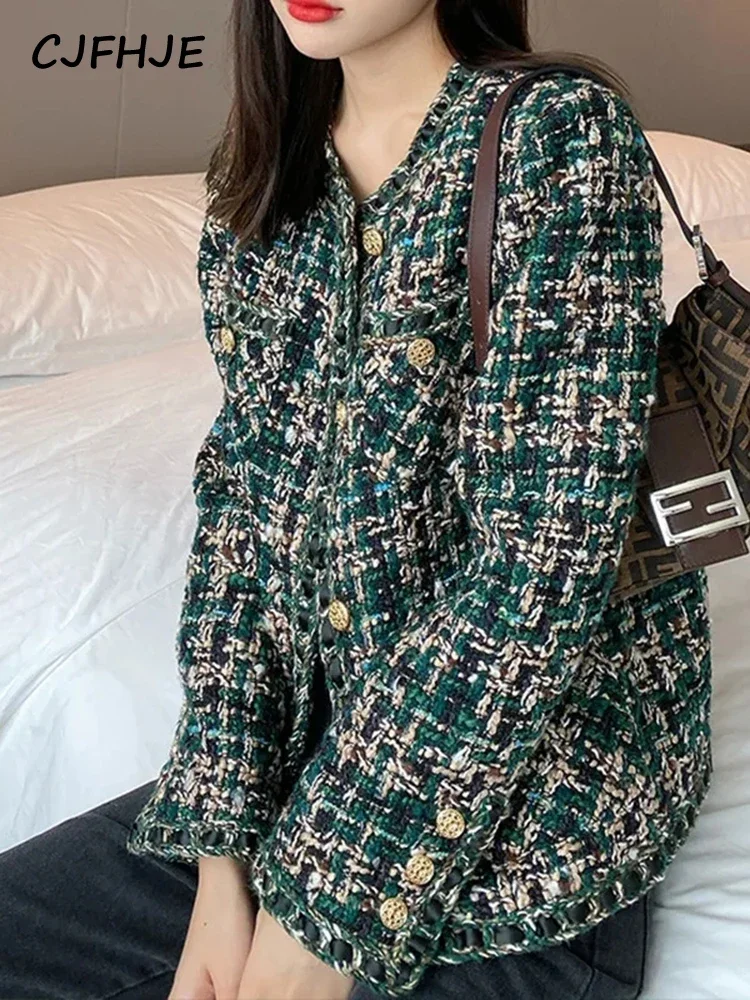 CJFHJE Зимний твидовый костюм в стиле Харадзюку женский зеленый клетчатый пиджак с