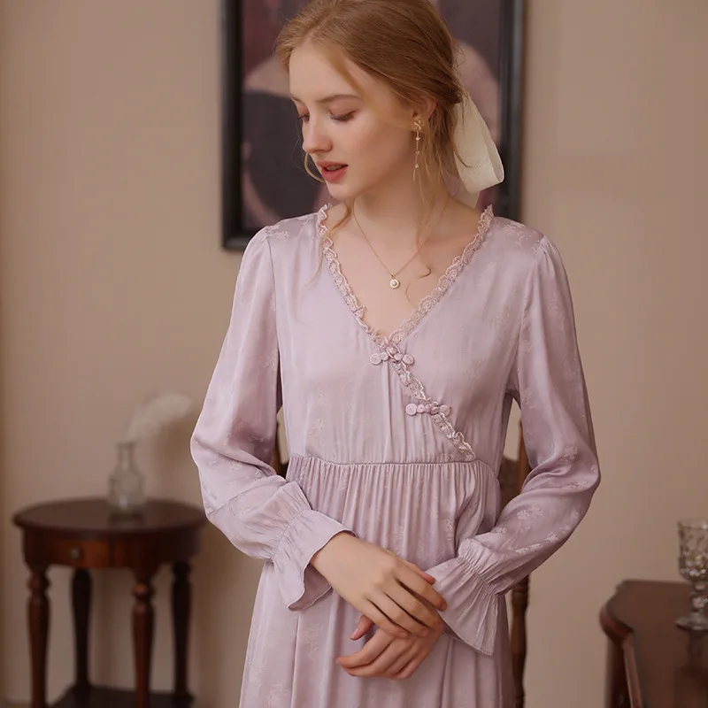 SXTHAENOO Princess Vintage Lace Nightgowns Autumn Ice Silk filigree V-neck Sleeve Nightdress Women Sweet Long Nightie Sleepwear