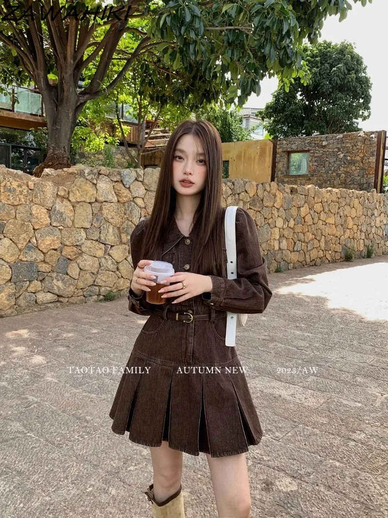 

Korean Vintage Solid Color Autumn Chic Designed Slim Waist Long Sleeve Women Dress Pleated Mid-length Casual Breasted Vestido