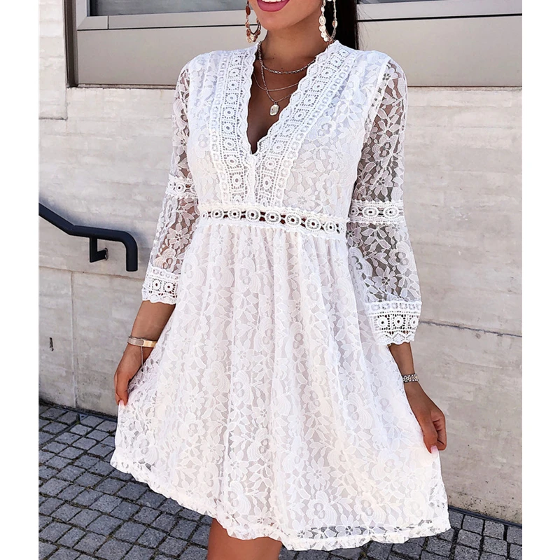 

Women Lace Floral Casual Beach Dress Summer Flared Sleeve V Nek High Waist Hollow A-line Mini Dress Party Vacation White Black