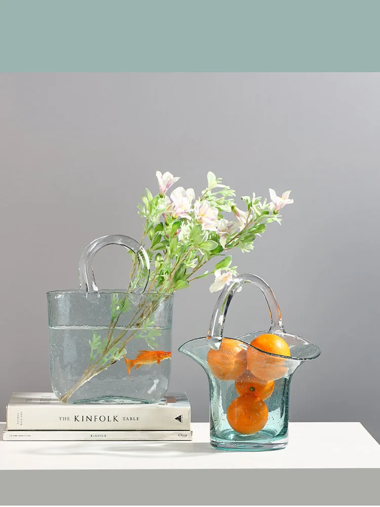 

Скандинавская стеклянная ваза в форме сумочки, гидропонная ваза, прозрачный стеклянный орнамент для аквариума, цветочная композиция, украш...