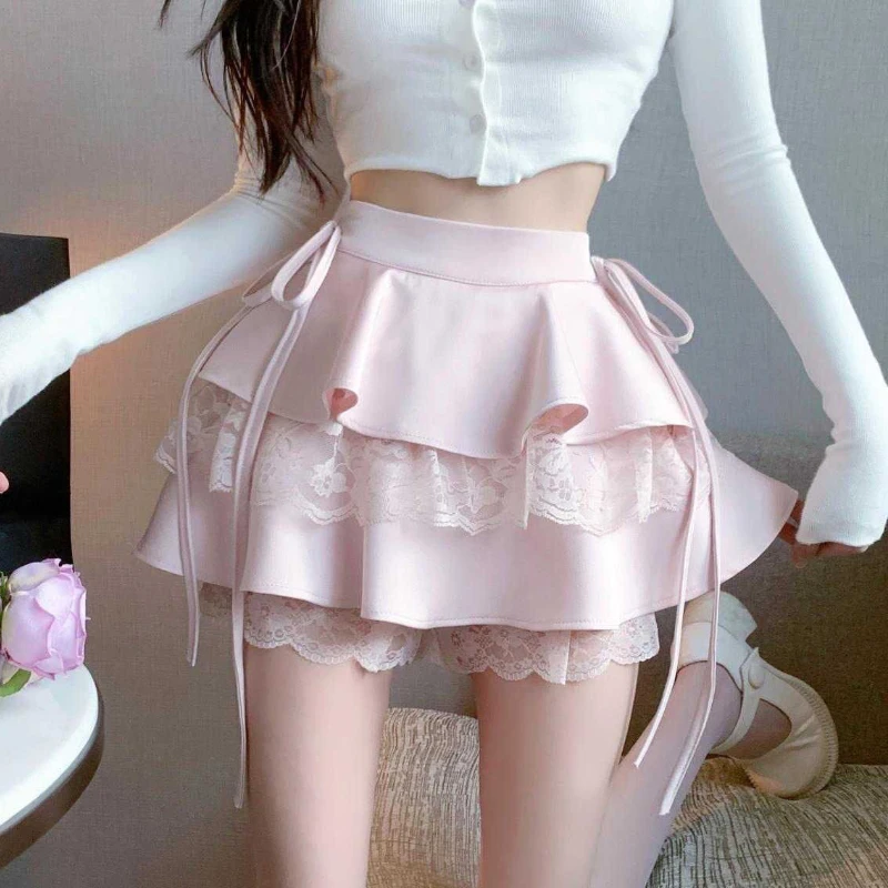 

2023 Pink Ruffle Mini Skirt Women Fairycore Kawaii Lace Patchwork Double-layer Cute High Waist Bandage Sexy Short Skirts