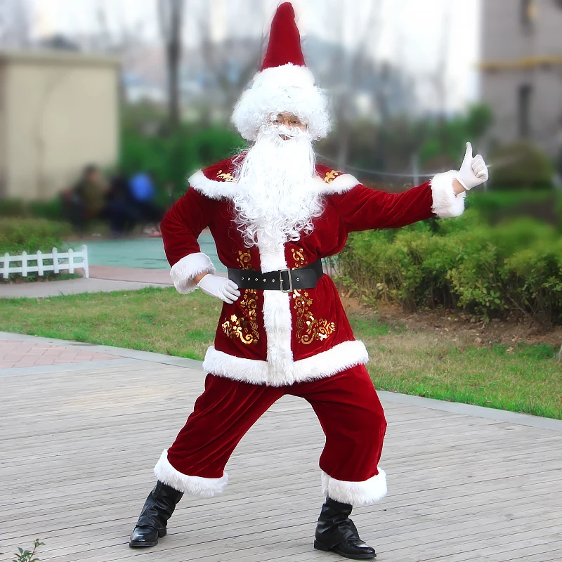 Santa Claus Attached Boots Beard Belt Hat Costume Cosplay Fancy Dress for Men Women In Christmas Suits