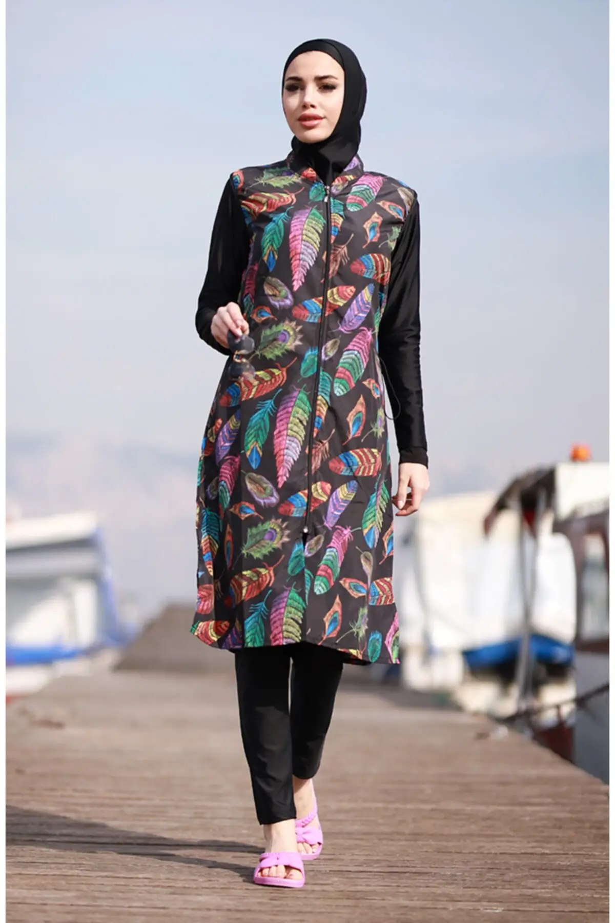 

Muslim Swimwears Havana Burkini Colorful Leaf Design Fully Covered Women Islamic Hijab Swimsuit Veiling Fashion Turkey