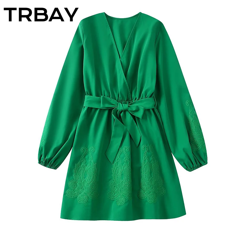 

TRBAY Lantern Long Sleeve V-Neck Embroidery Dresses Bow Tied Belt Mini Dress for Women Vestidos De Mujer Casual Elegante