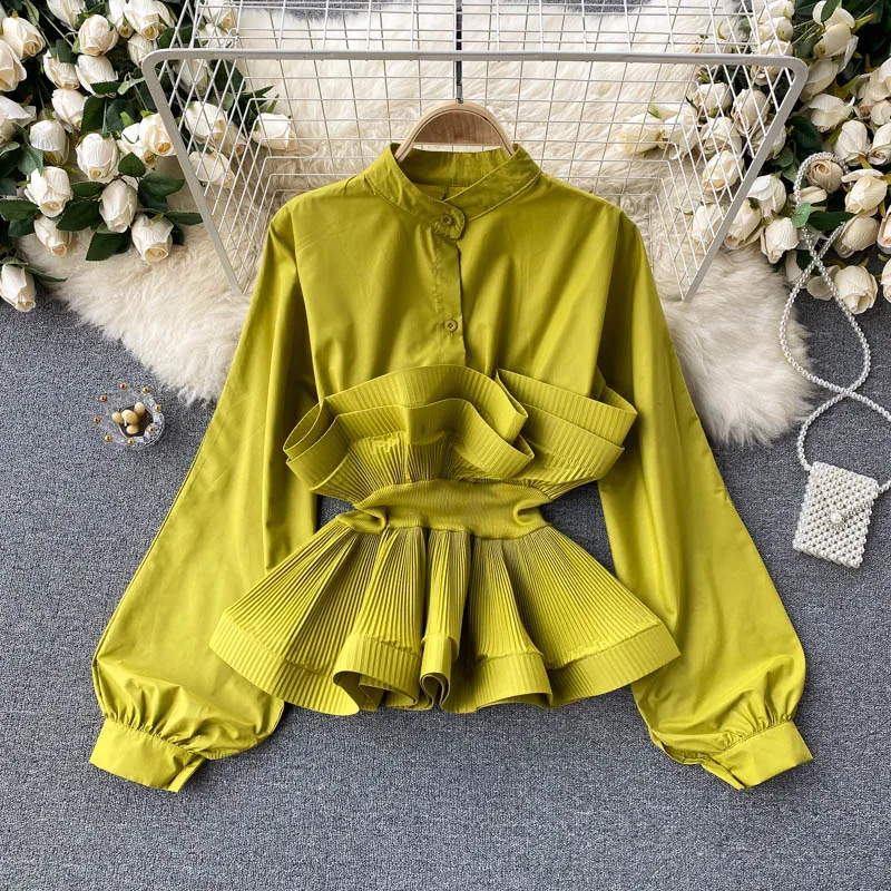 

Women Draped Ruffle Blouse Vintage Stand Collar Puff Long Sleeve Shirts Single Breasted Slim Blusas Female Tops 2022 New Tunics