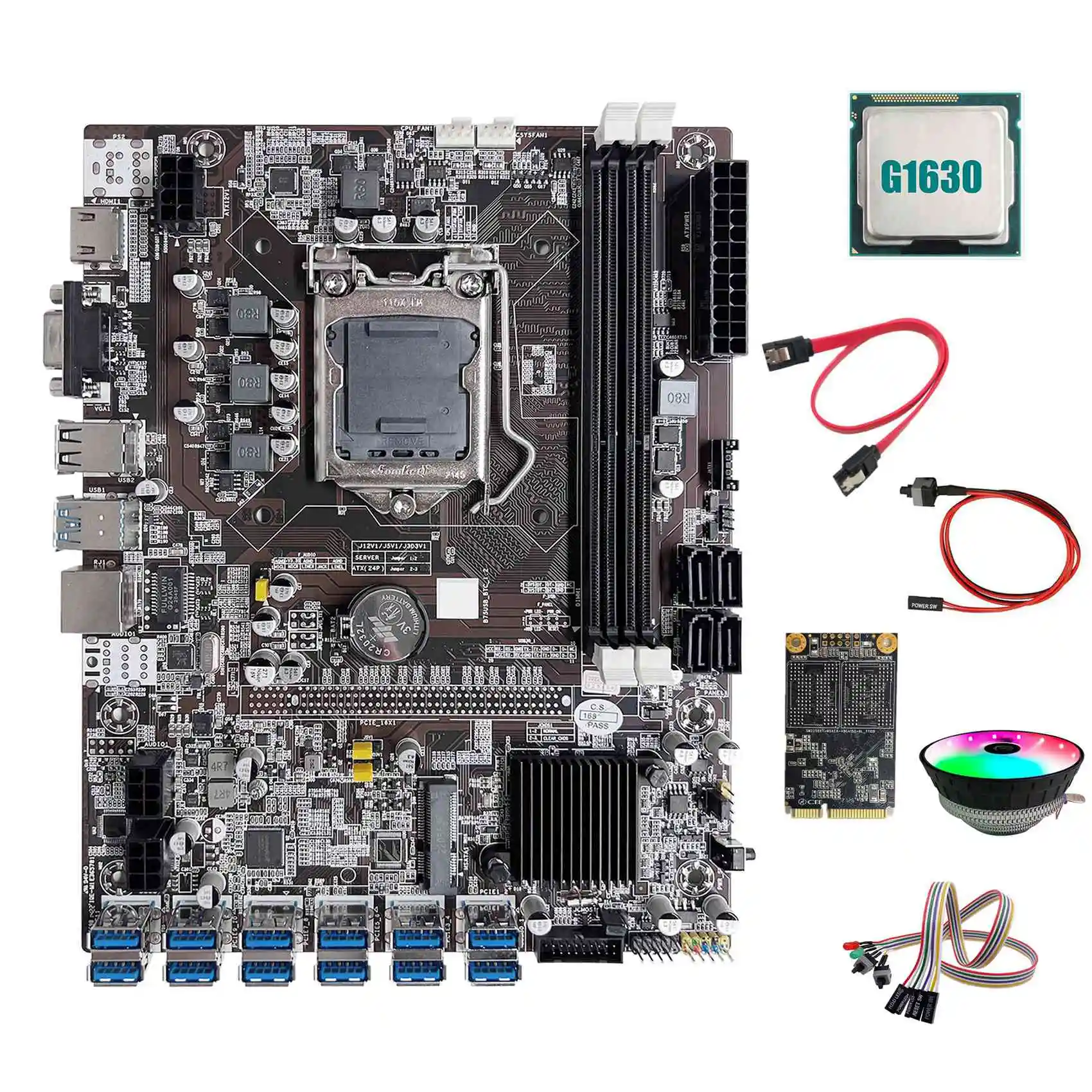 

Материнская плата B75 BTC Miner 12xusb + G1630 CPU + MSATA SSD 64G + кабель переключения + кабель SATA + кабель переключателя светильник кой + RGB Вентилятор охлажден...
