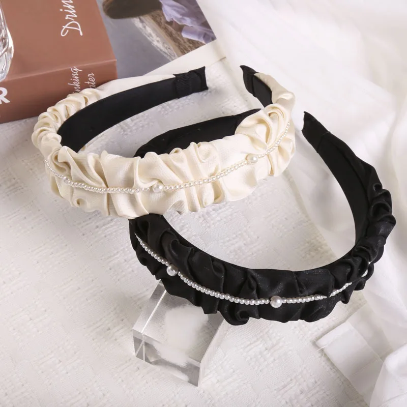 

Elegant Women Pearl Stripe Ruffle Hair Hoop Hairbands Casual Lady Wide Side Hairband Headwear Fashion Hair Accessories