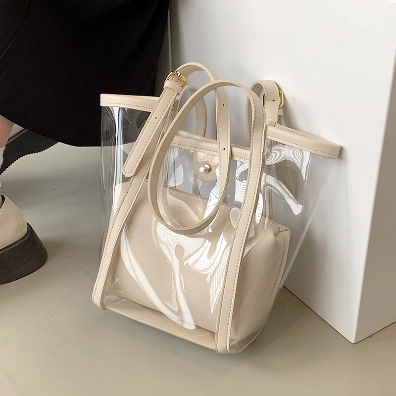 Fashion Transparent Pvc Handbags for Women Soft Pu Leather Bag Summer Beach Composite Bags Bucket Purses tote bag Shopping bag