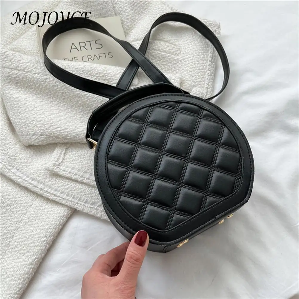 

Women Pure Small Round Shoulder Bag Solid Lingge Portable Crossbody Messenger Bag Female PU Leather Circular Handlebag Totes New