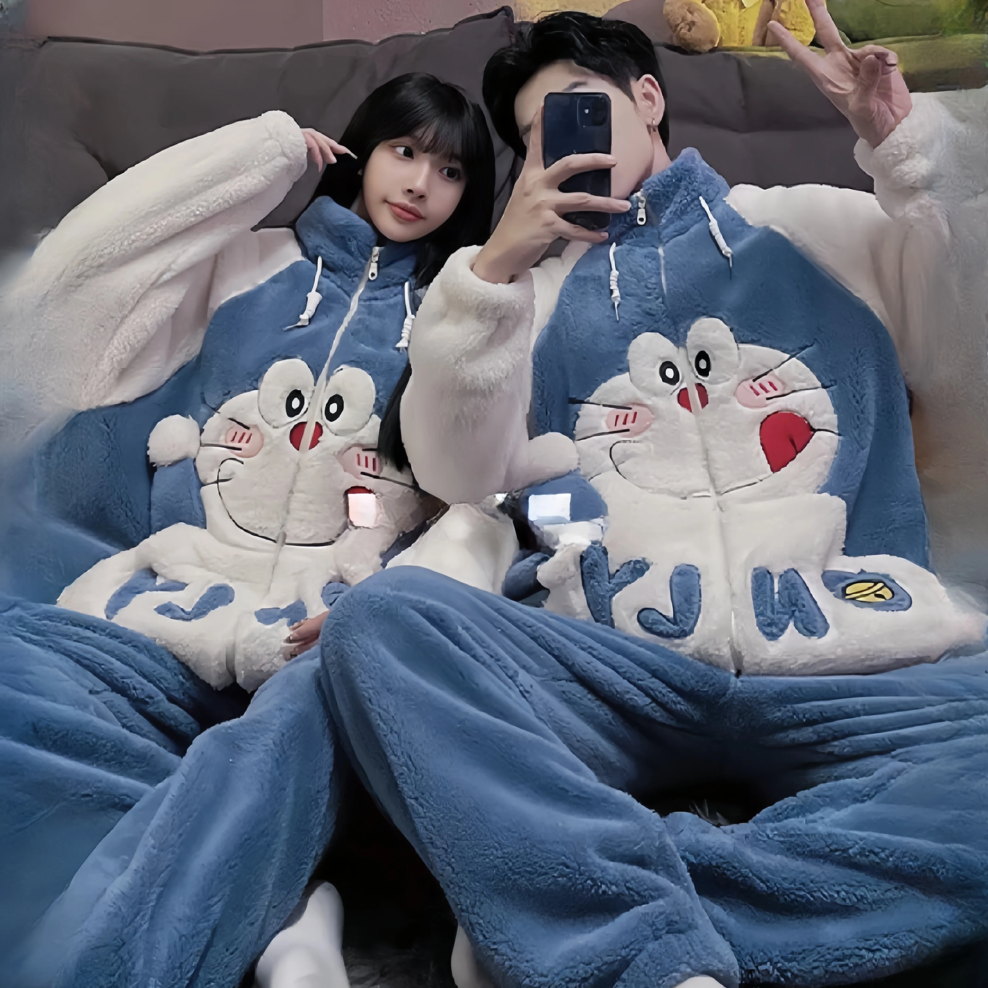 

New Pajamas For Women Doraemon Autumn Winter Loungewear Plush Thick Sleepwear Coral Warmth Cartoon Zippered Couple Pajamas