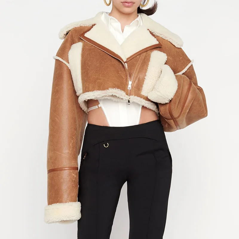 

Fur Integration Short Coat Female 2022 Autumn Winter Fashion New Loose BF Wind Locomotive Suit Jacket Lamb Wool Fur Top Tide