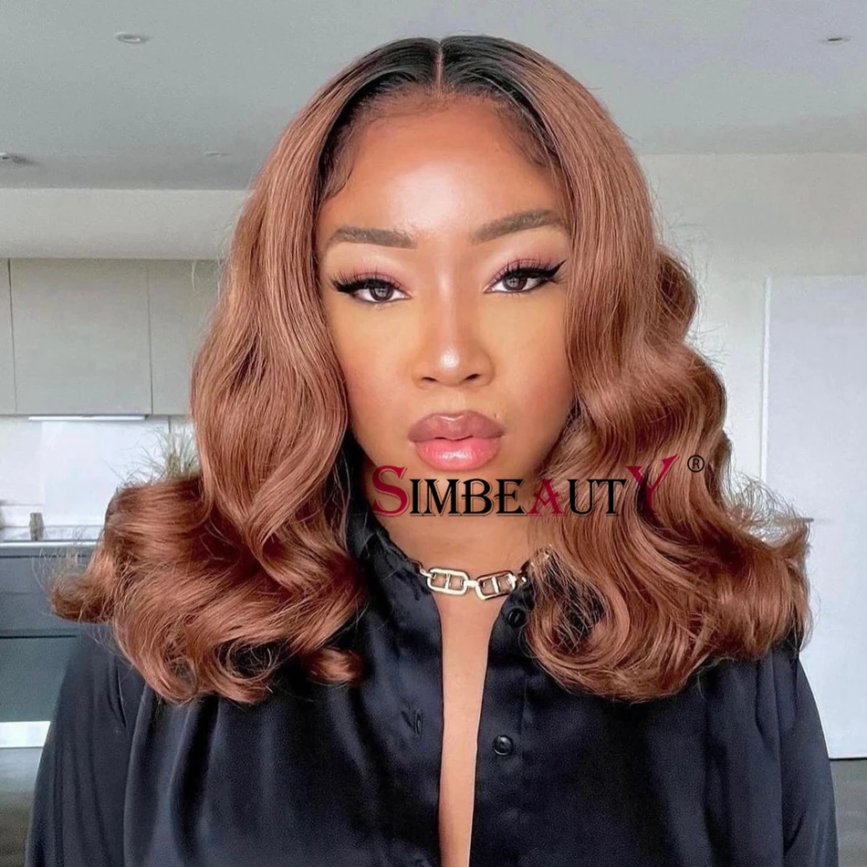 

Brown Ombre Loose Wave Human Hair 13x4 Lace Front Lob Wigs with Dark Root 180 Density Middle Part