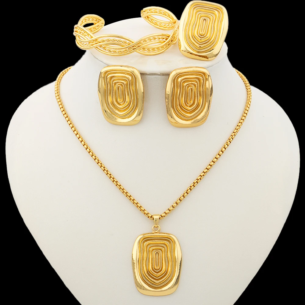 

Ladies Party Jewelry Set African Dubai 18k Gold Plated Copper Clip Earrings and Necklace with Bracelet Ring for Engagement Daily