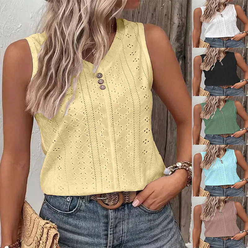 

2023 Women's Fashion Casual Round Neck Button Tank Top T-shirt Women Office Lady Slight Tops