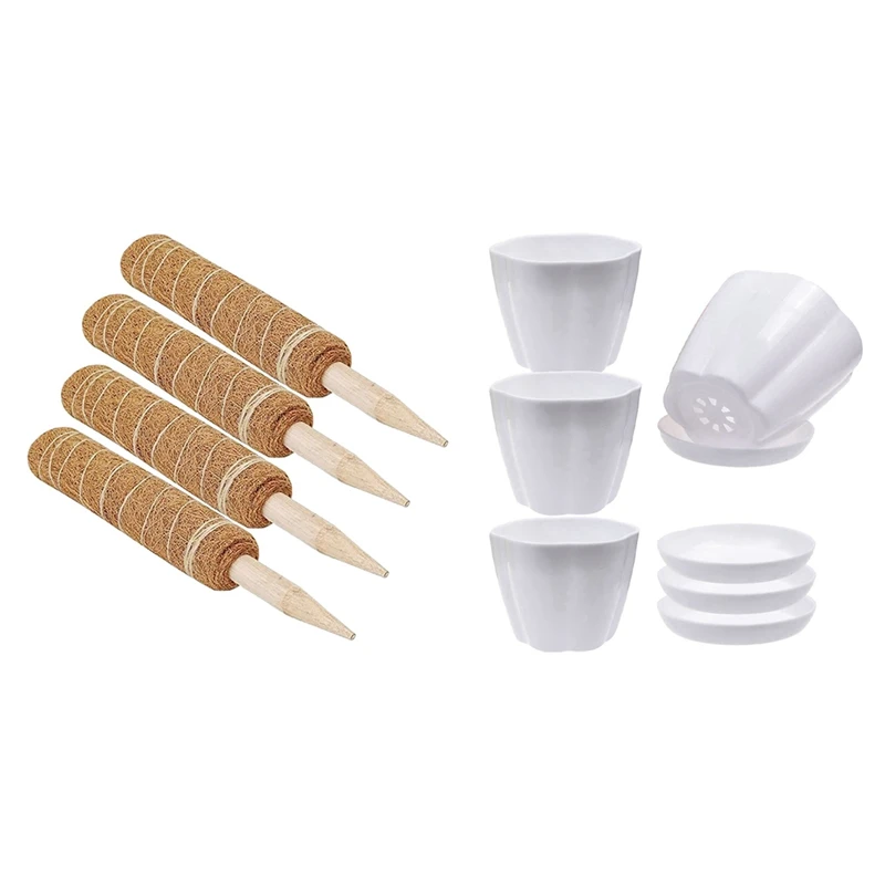 

4Pcs Coir Moss Totem Pole Coir Moss Stick & 15 Pcs 4.3Inch White Plastic Flower Plant Pots Seedlings Nursery Pot