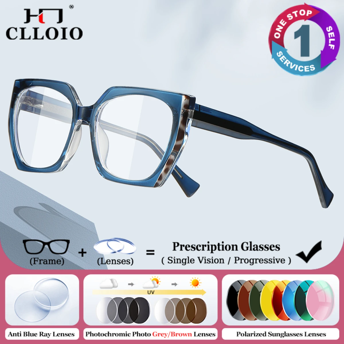 Фото CLLOIO Simple Blue Light Filter Progressive Prescription Glasses Women Butterfly Optical Myopia Eyeware Photochromic Eyeglasses №1