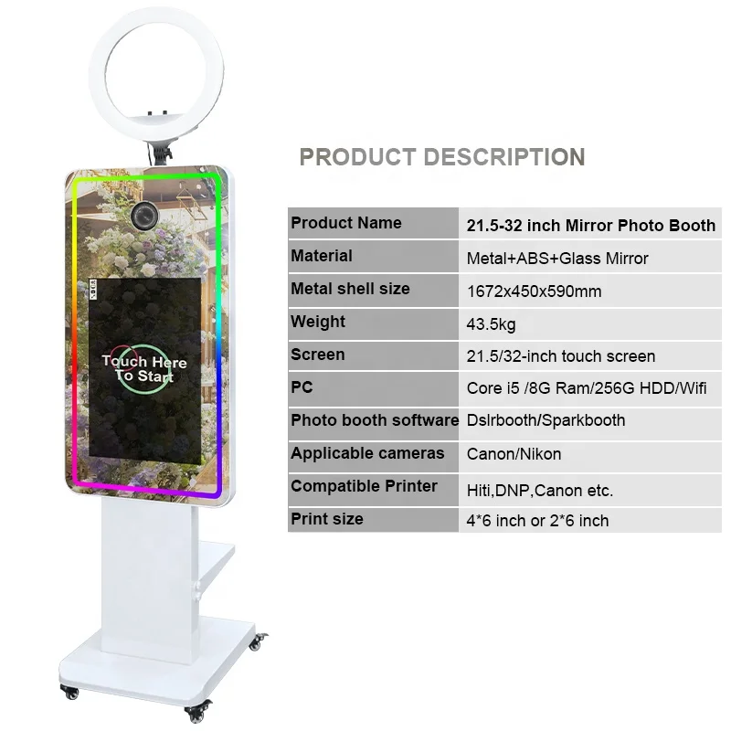 Фото Новейшая трендовая камера, регулируемая коммерческая камера для аренды, вечеринка, DSLR-камера, селфи, ЖК-сенсорный экран, зеркало, фотобудка №4