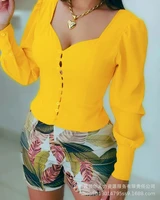 office ladies yellow suit 2022 summer sexy square neck long sleeve top and printed shorts two piece set