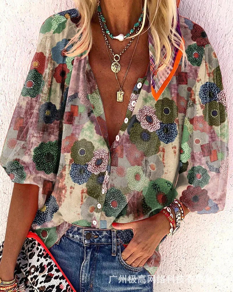 

Women Half Sleeve Fashion Casual Blouse Floral Print Buttoned Lantern Sleeve Shirt V neck Sexy Loose Summer Spring
