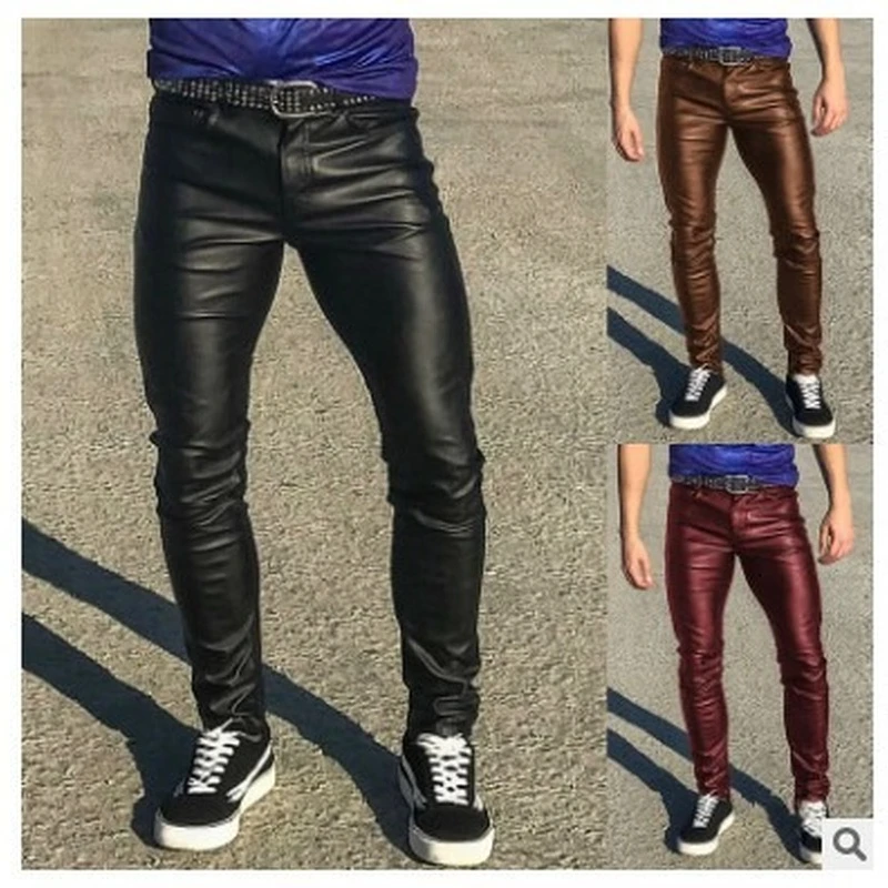 

Новые стильные мужские брюки в стиле панк, обтягивающие эластичные модные повседневные кожаные брюки с низкой талией для подростков
