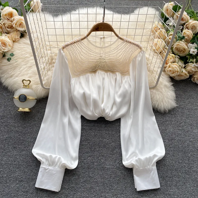 

Autumn New Bead Stitching Shirt Women's Design Versatile Long sleeve Slim top blusas mujer de moda 2022