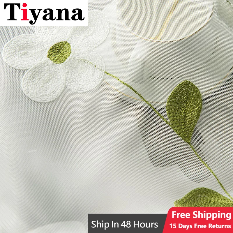 Прозрачные шторы с цветочной вышивкой и зелеными листьями для детской комнаты