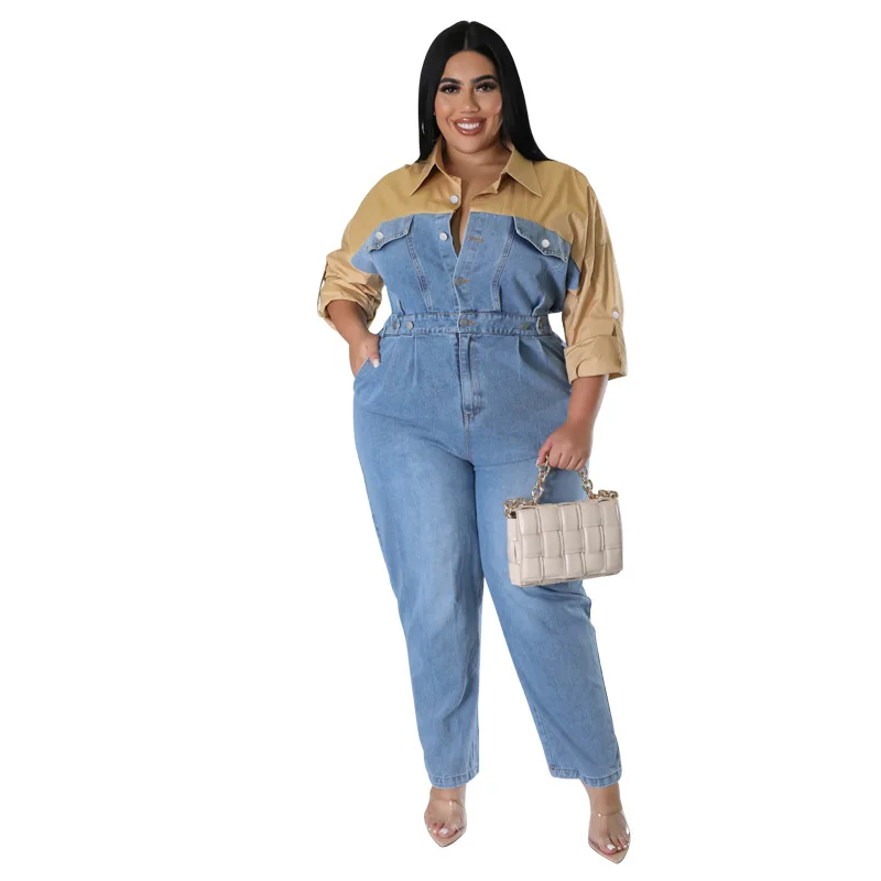 Plus Size Women Clothing Plus Size Jumpsuit Office Lady Turn-down Collar Button Long Sleeve Color Contrast Ankle-Length Full