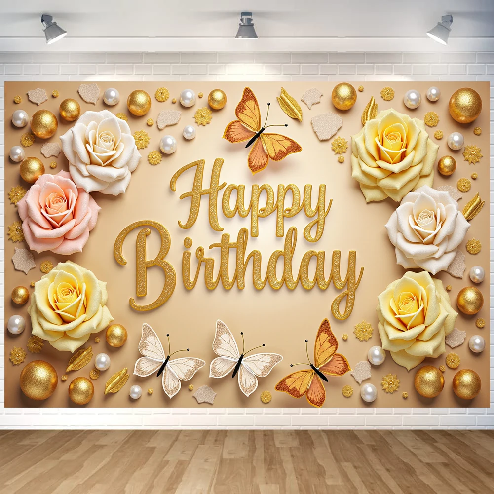 Баннер с днем рождения бабочка роза золотая тема украшение для дня фон флаги