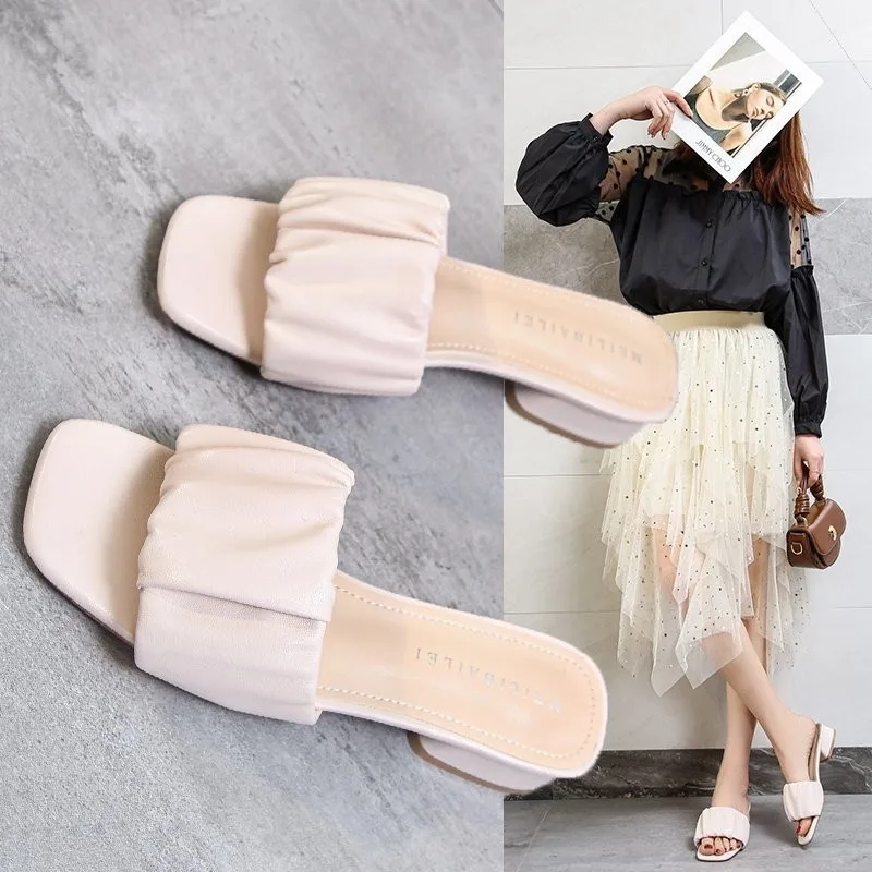 2022 Women New Leather Mid-heel Fashion Simple Square Head Flat Thick Heel Large Size Sandals And Slippers Women's Shoes35-43
