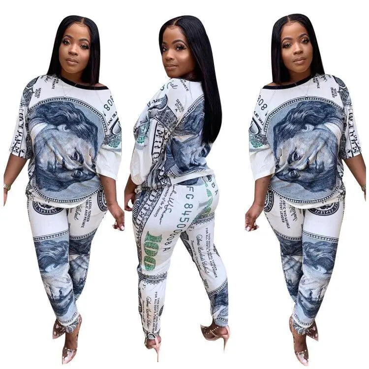 

Money Dollar Print Two Piece Set Tracksuit for Women Shirt Skinny Jogger Suit Sweatpants Matching Set Outfits