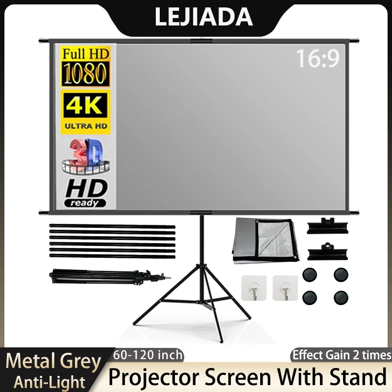 

LEJIADA Projector Screen With Stand Metal Grey Anti-Light 60-120inch 2.0 Gain Bracket Reflective Screen for Home Theater Outdoor