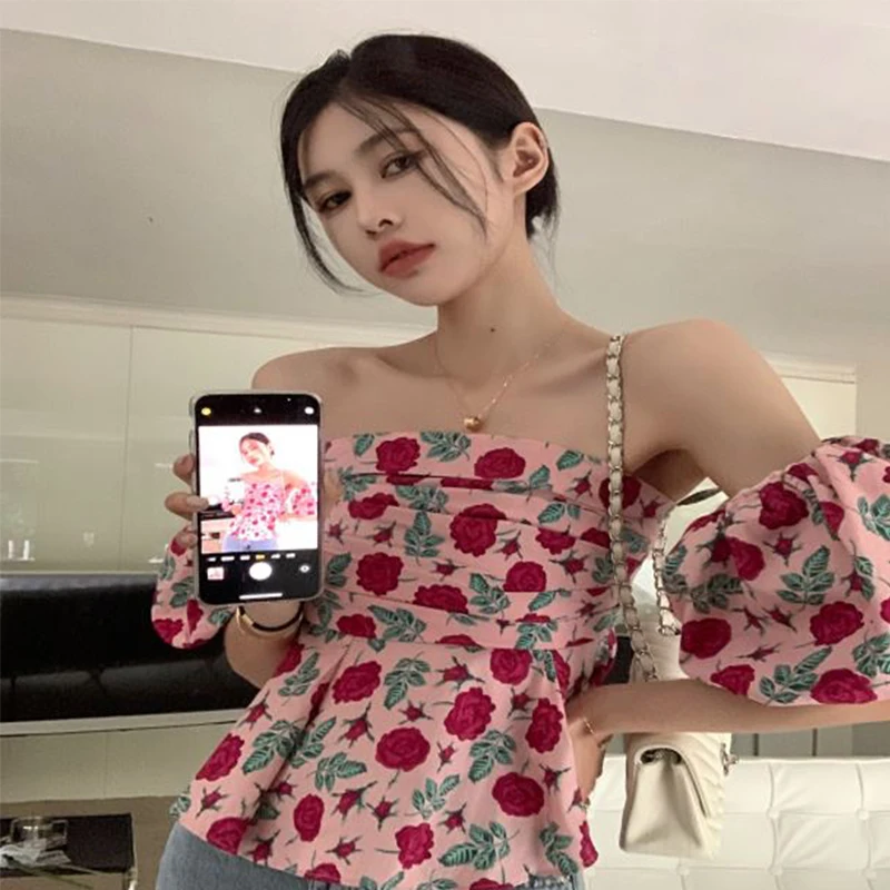 Женская летняя шифоновая блузка с открытыми плечами Свободный пуловер цветочным