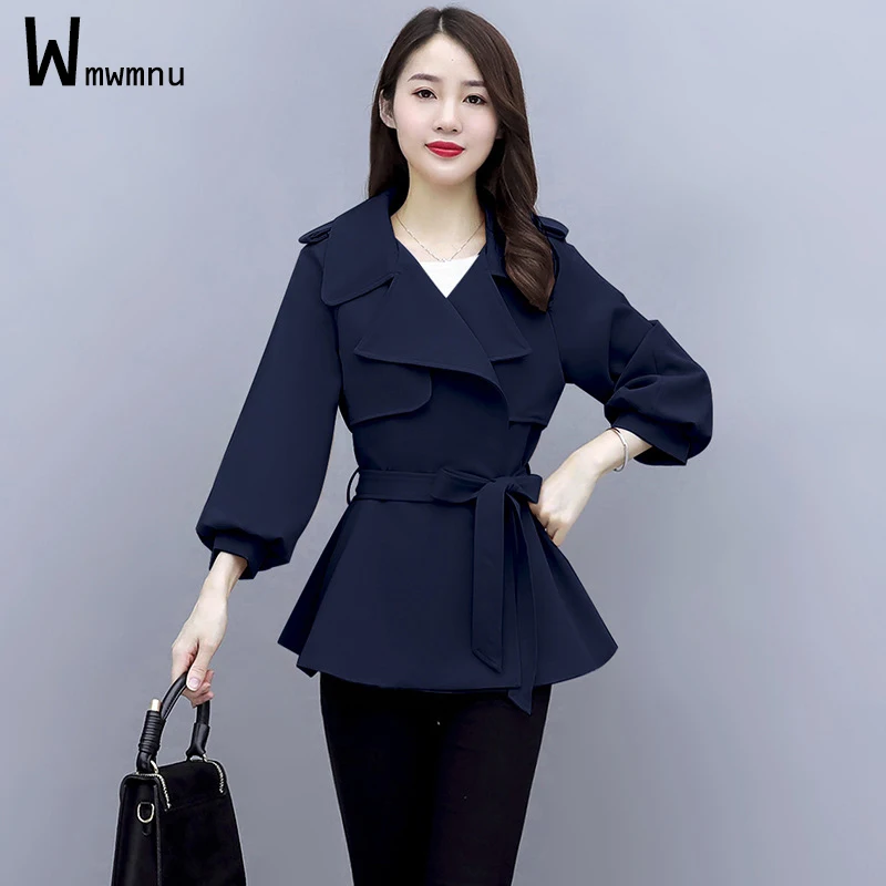 

Женский однотонный тренчкот с поясом, Элегантная короткая ветровка с длинным рукавом, Офисная модная повседневная короткая верхняя одежда ...