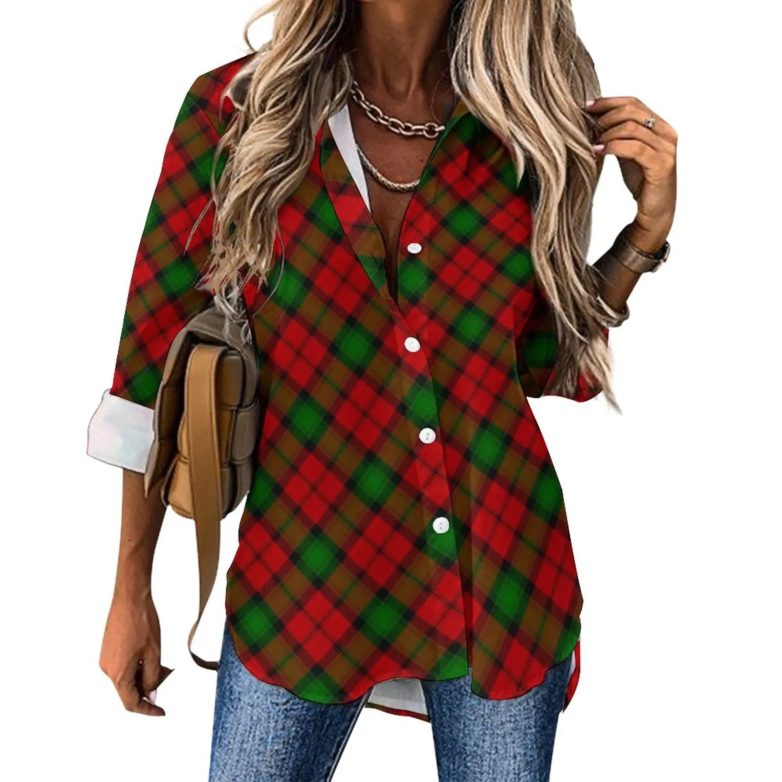 

Kerr Clain Tartan Plaid Blouse Christmas Colors Aesthetic Casual Blouses Women Classic Shirt Spring Long Sleeve Oversized Tops