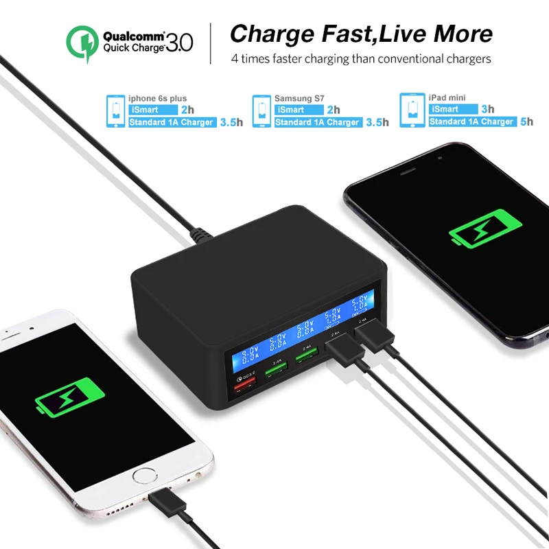 

Быстрое зарядное устройство USB 40 Вт с 5 портами и светодиодным дисплеем, быстрое зарядное устройство 3,0, настольная зарядная станция для iPhone, ...