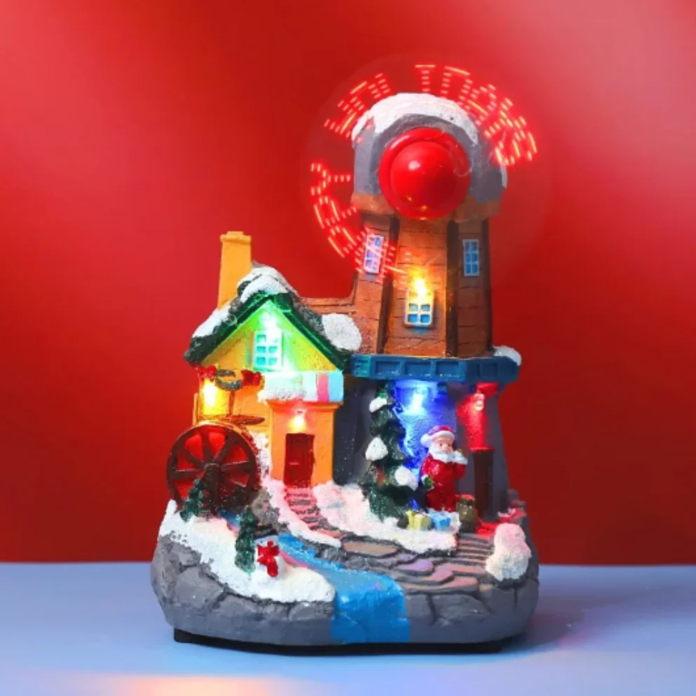 

Christmas Village Christmas Decoration LED Lights Glowing Music House Santa Claus Resin Villa Christmas Gift Ornaments Mini Fan