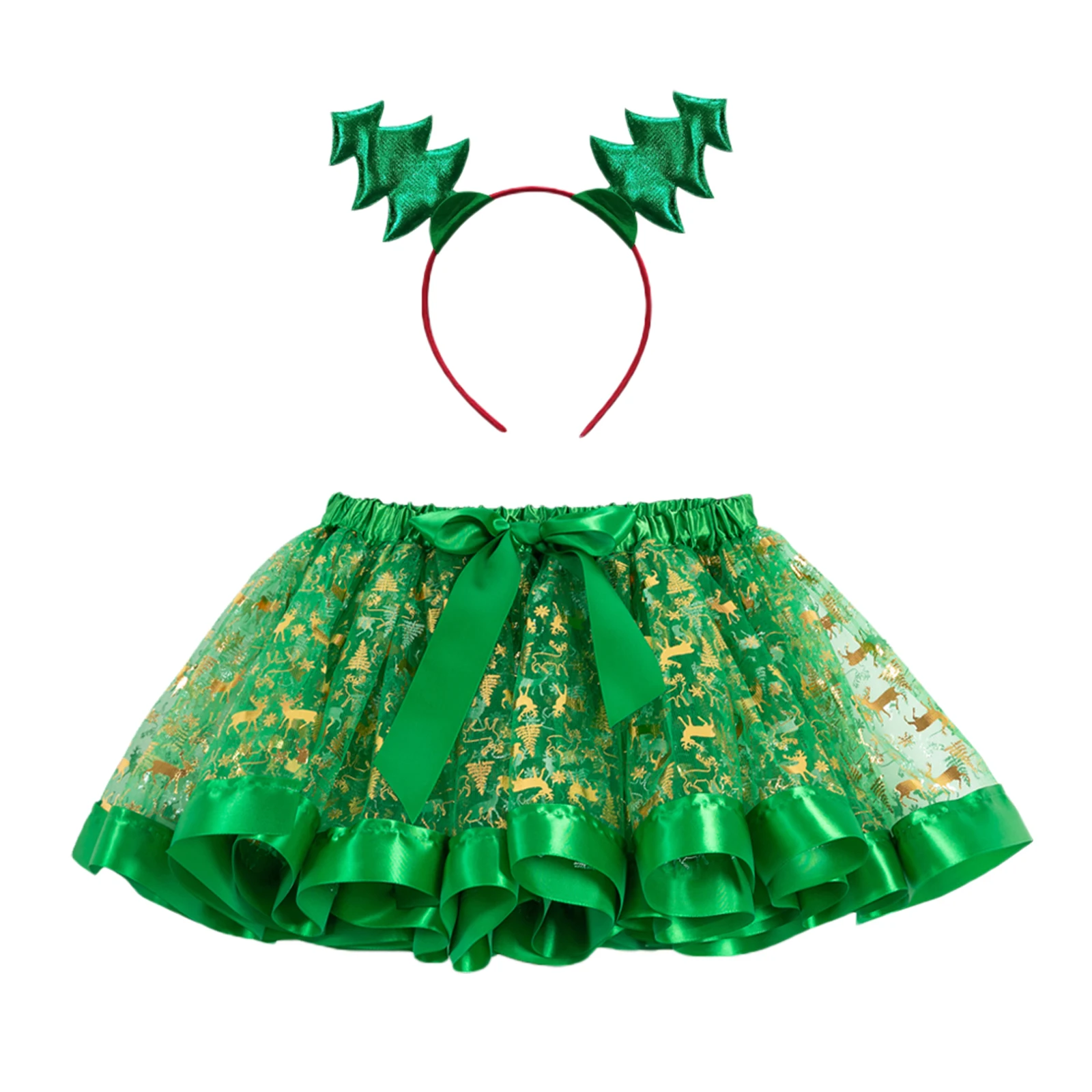 

Kids Girl Princess Skirt Outfit Baby Elastic Waist Christmas Print Tutu Skirt with Elk Headband Set