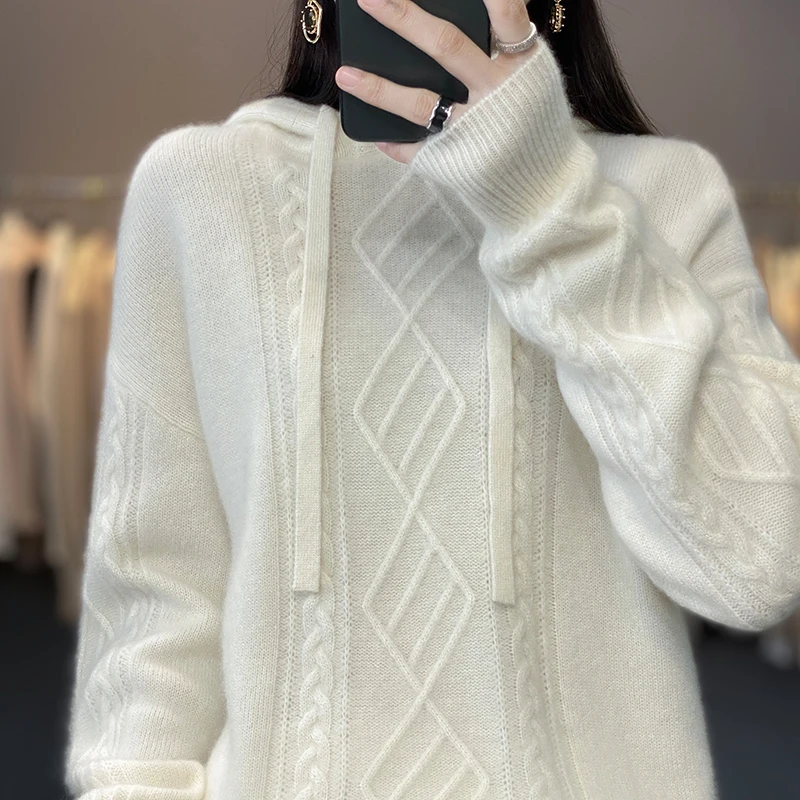 2022Autumn and Winter New Pure Wool Diamond Plaid Hooded Sweater Cashmere Sweater Women's Loose Hoodie Pullover Thickened Top