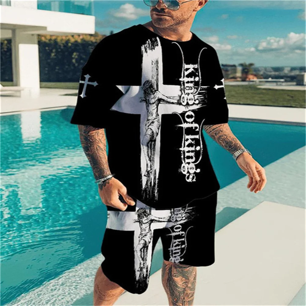 

Summer Jesus 3d Printed T-shirt Men's Short Sleeve T-shirt Shorts Suit Two-piece Vintage Stereo T-shirt Suit Fashion Street