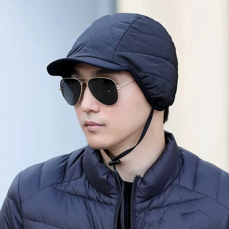 

EUMOAN Hats Men's and women's autumn and winter outdoor warm duck-tongue hat wind protection ear down cotton hat cycling cold s