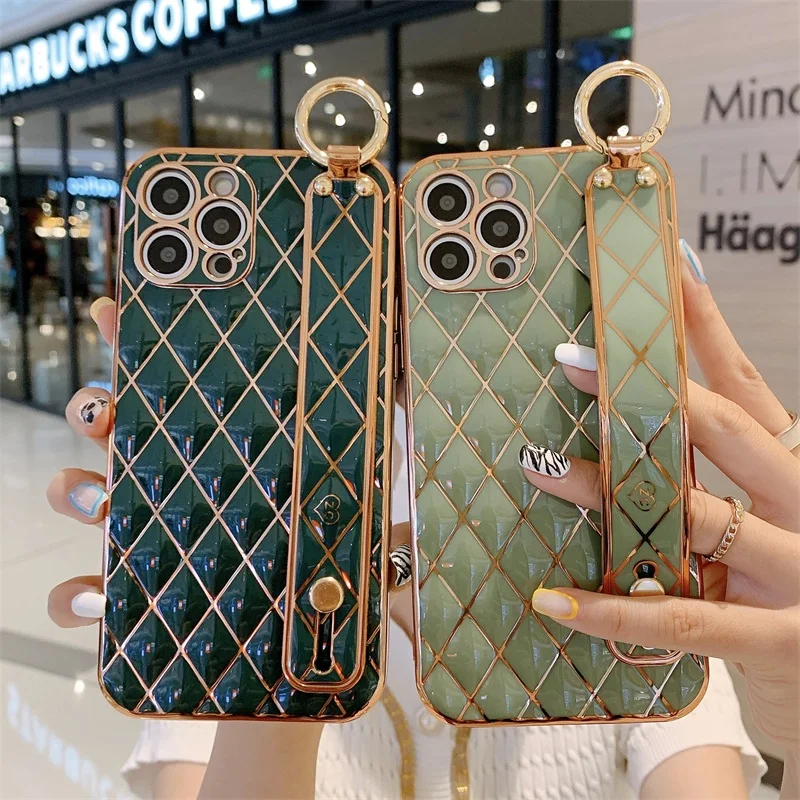 

Роскошный чехол для телефона iPhone 11, 12, 13 Pro Max, XS Max, XR, X, 8, 7 Plus, ремешок на запястье, рамка с покрытием, геометрические мягкие чехлы, бампер