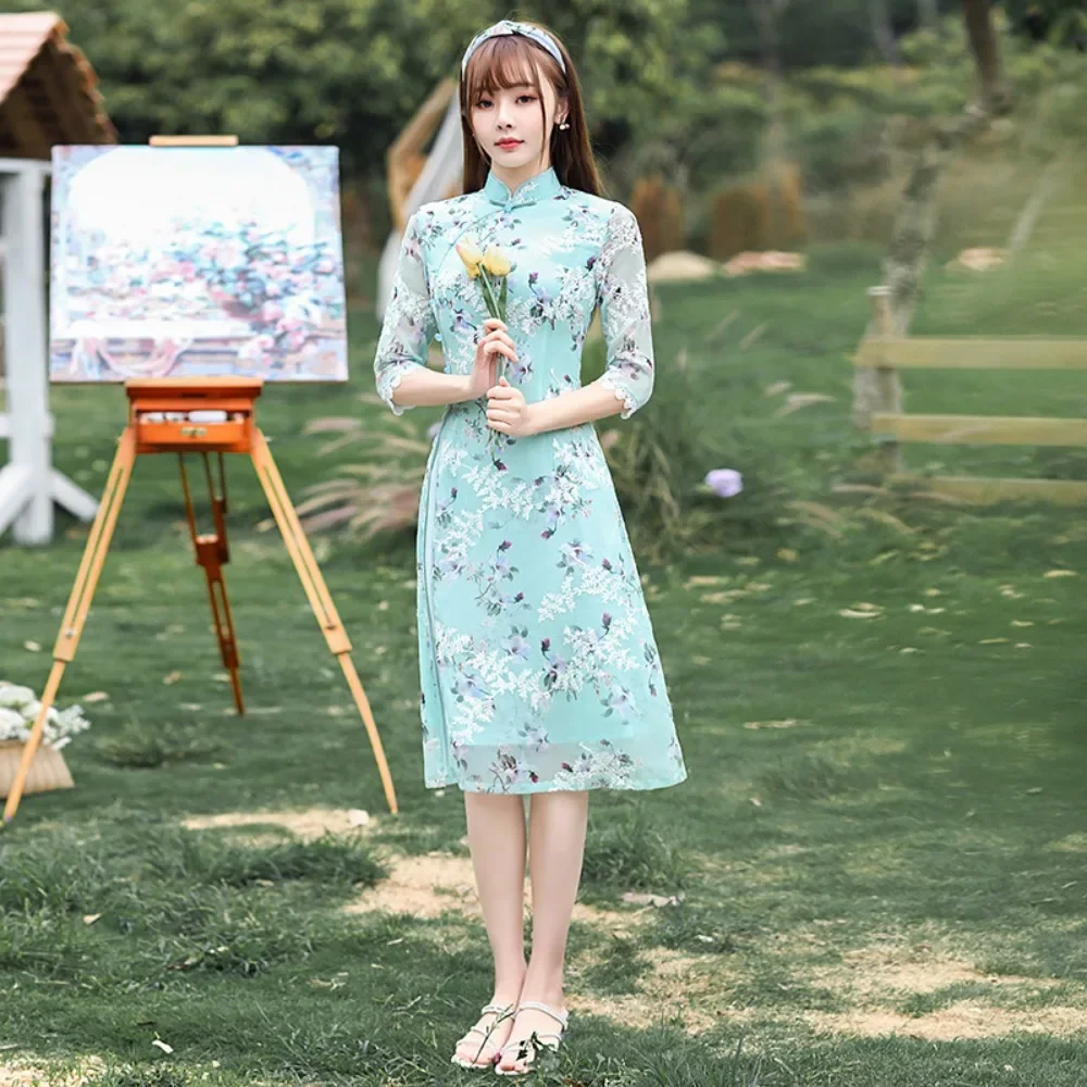 Модные элегантные платья-миди в китайском стиле Современные Moman Ципао летнее