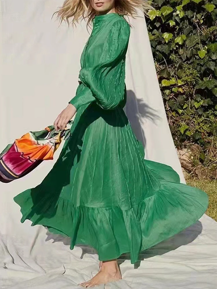 

Fashion Runway 2022 Spring Long Dress Women White Blue Green Single Breasted Lantern Sleeve Elegant Holiday