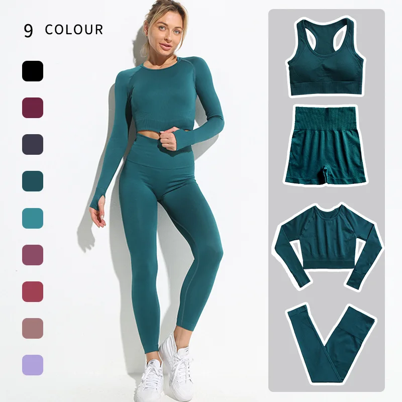 

Seamless Yoga Set Women High Waist Pants Elastic Running Leggings 7 Colors Sportswear Long-Sleeved Crop Top Training Gym Suits
