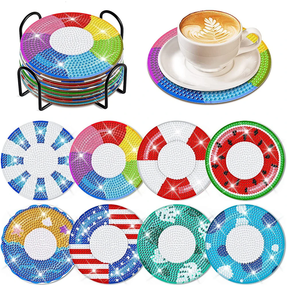 

8PCS Swimming Ring Diamond Painting Coasters Kits Summer Cup Mat with Holder Diy Drinks Diamond Art Kits House Decorate